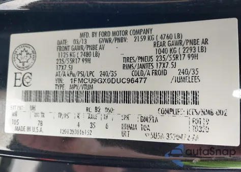 2013 Ford Escape Se из США, поврежденный, VIN 1FMCU9GX0DUC96477